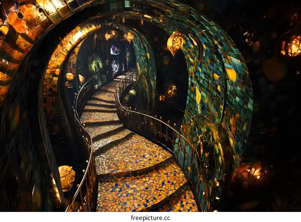 Spiral Staircase in a Colorful Mosaic Hallway
