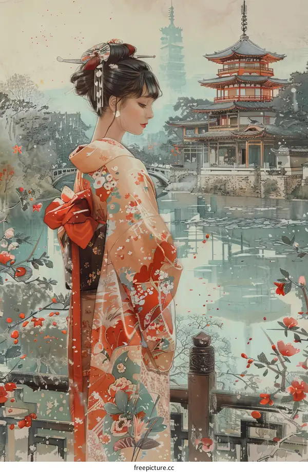 Japanese Woman in Kimono Standing by a Bridge with Pagoda in Background