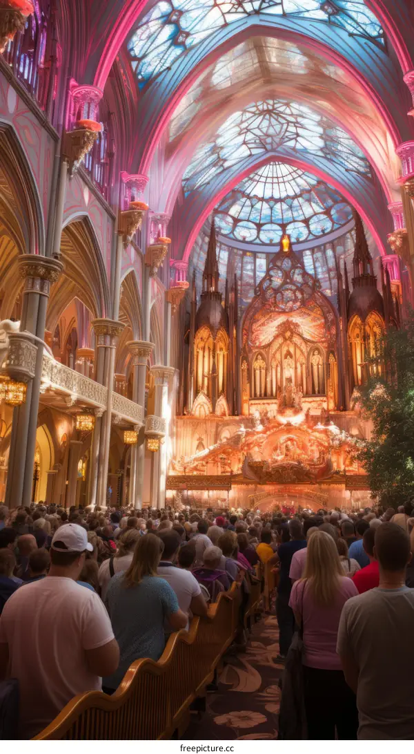 Stunning Cathedral Interior with Ornate Architecture and Stained Glass Windows