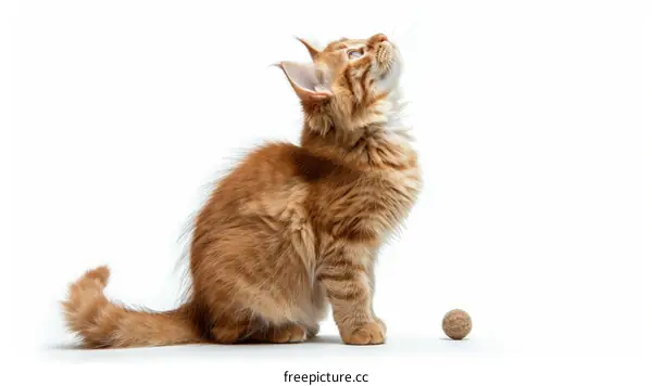 A ginger kitten sits next to a small toy