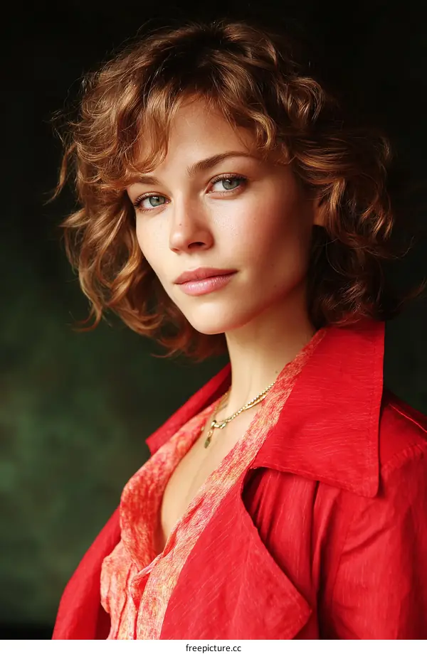 Close-up Portrait of a Woman with Curly Hair and Red Coat