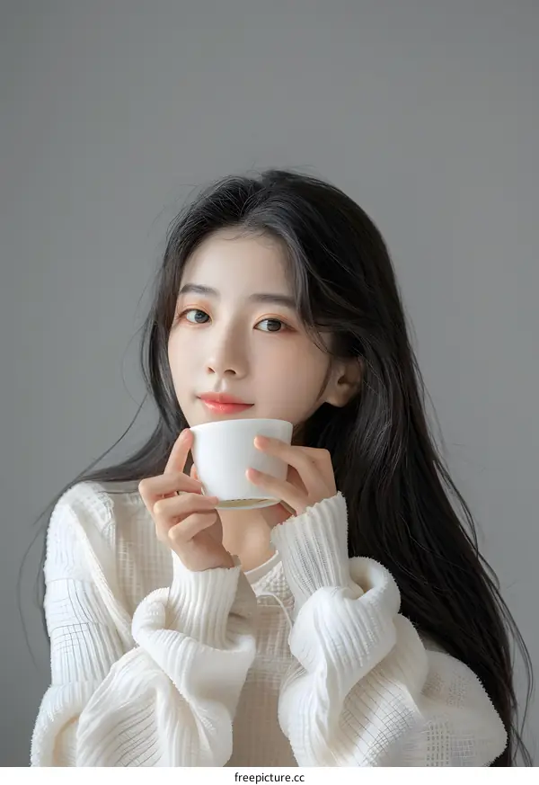 Young Woman in White Sweater Holding a Cup of Coffee