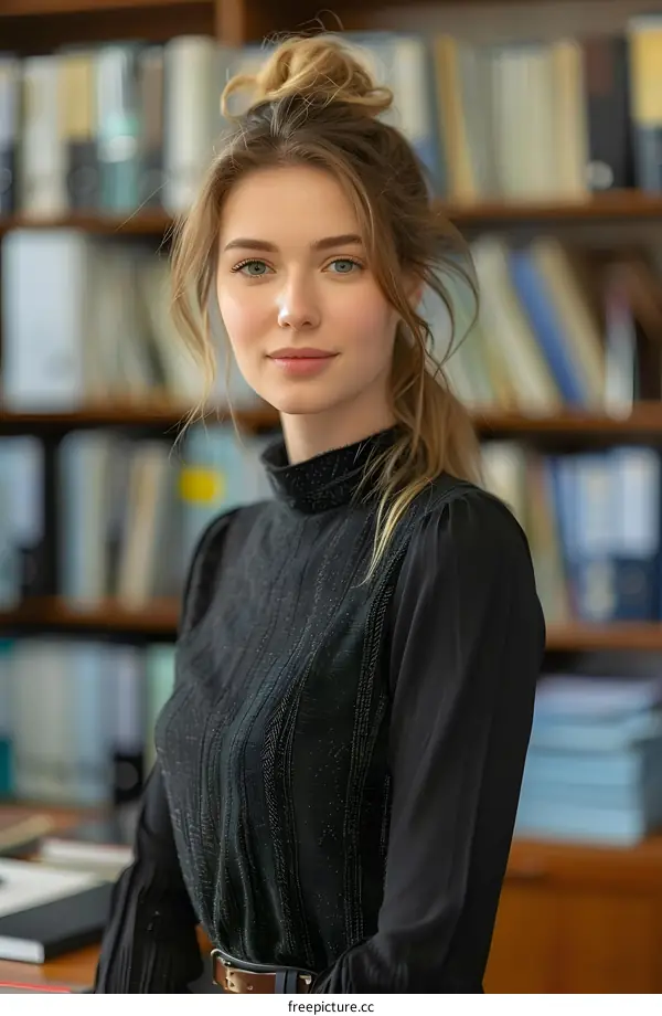 portrait of a young woman in a black turtleneck blouse