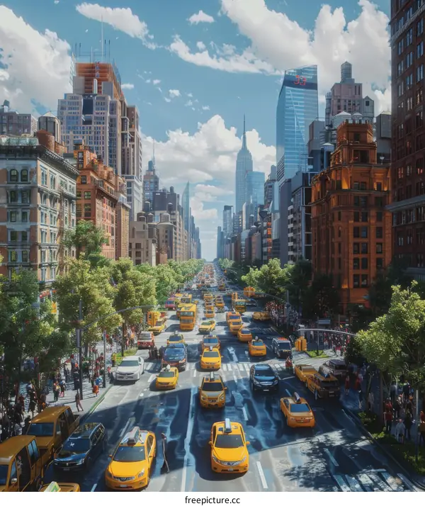 New York City Street View with Many People and Cars