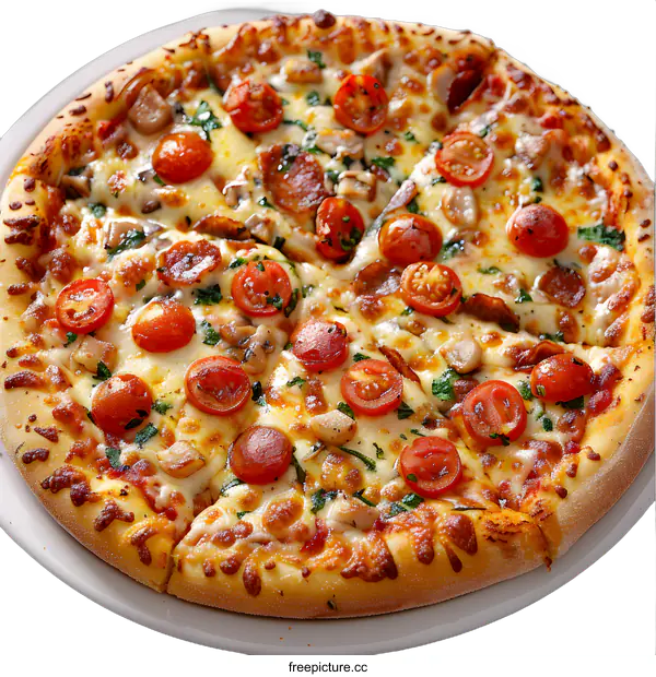 [Transparent Background PNG]Delicious pizza with cherry tomatoes and cheese