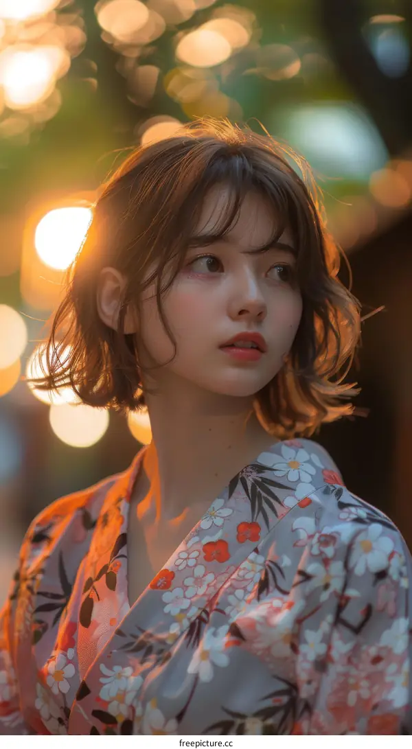 Asian Woman in Floral Kimono at Dusk