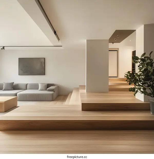 Minimalist Modern Living Room With Wooden Stairs