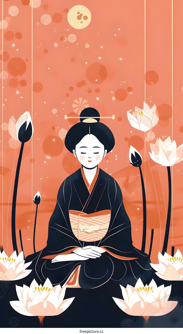 Woman in Traditional Japanese Kimono Sitting Among Lotus Flowers