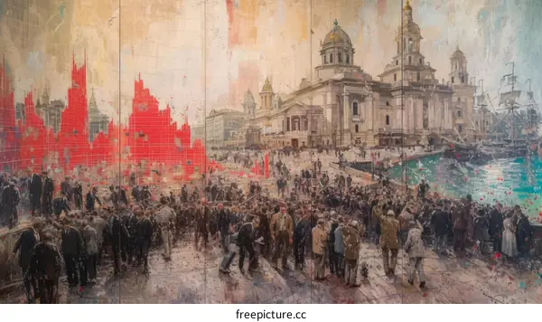 A painting depicting a large crowd of people in a city square with a river and buildings in the background