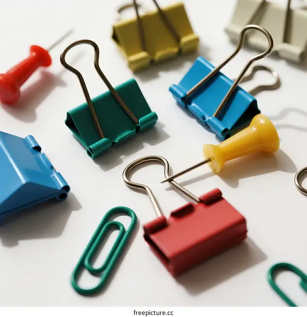 Colorful paper clips and push pins on a white surface
