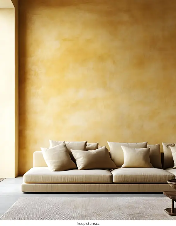 Beige Sectional Sofa Against Mustard Yellow Wall Interior Design