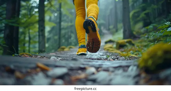 Feet of a runner running on a forest trail