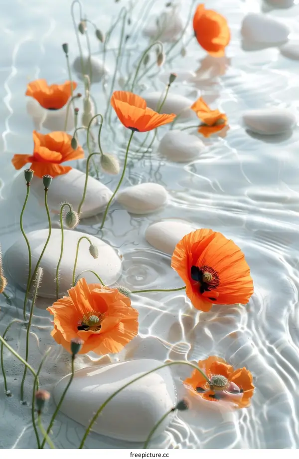 California Orange Poppies and White River Rocks