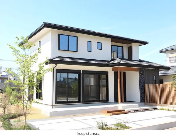 Modern White House Exterior with Black Windows and Wooden Porch