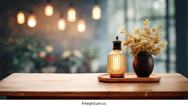 Warm Wooden Tabletop with Decor