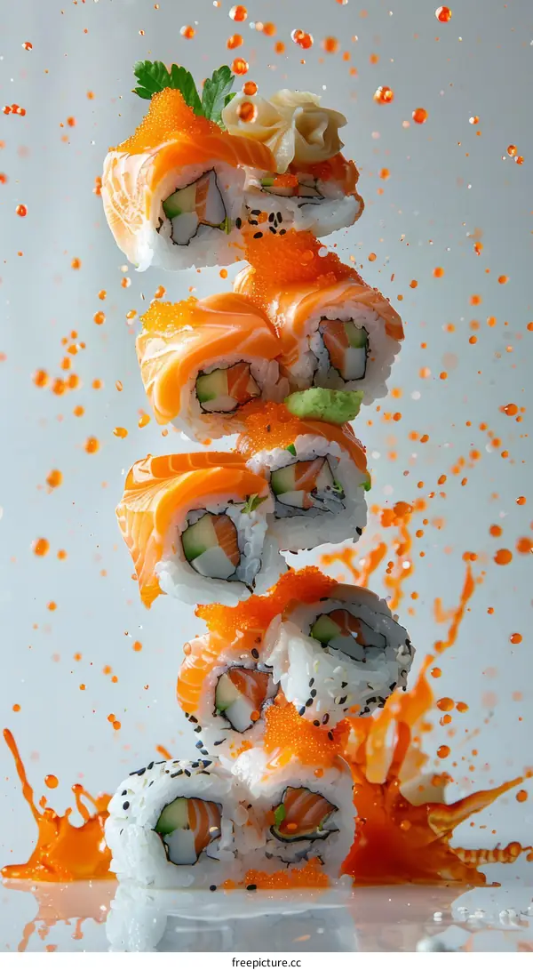 Close-up of Salmon Sushi with Orange Sauce