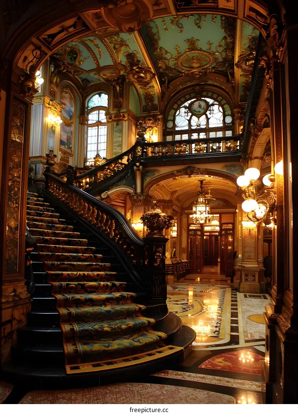 ornate interior of a grand building with a staircase
