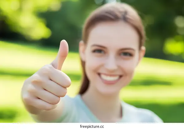 Happy Woman Giving Thumbs Up in Park