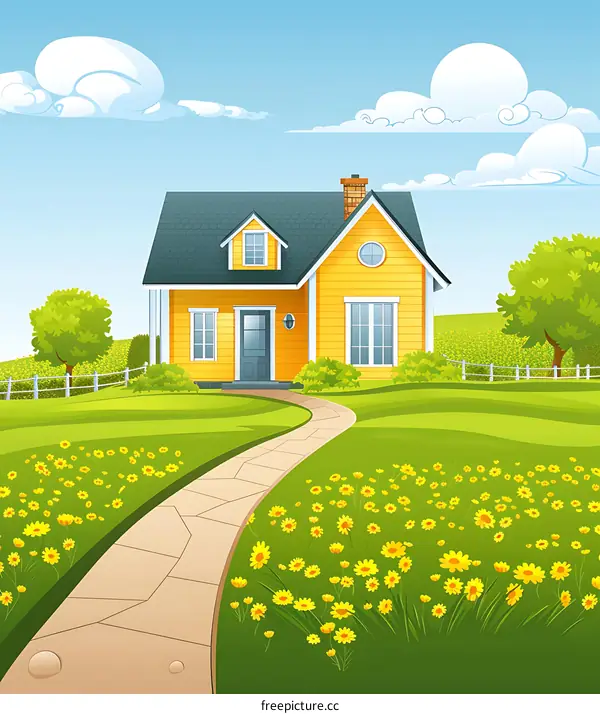 Yellow House with Green Grass and Flowers