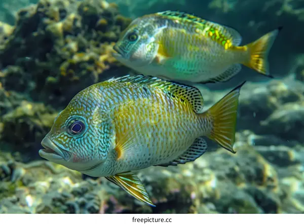 Yellow and Green Fish Swimming Near Coral Reef