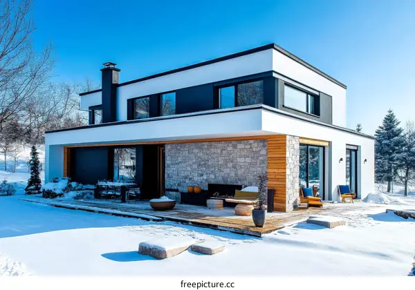 Modern House in Winter Landscape with Snow