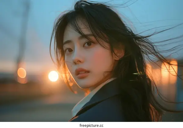 Windswept Woman: Portrait of a Young Woman with Long Black Hair