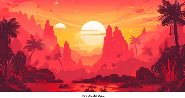 Sunset Landscape with Palm Trees and Mountains in a Red and Orange Color Palette