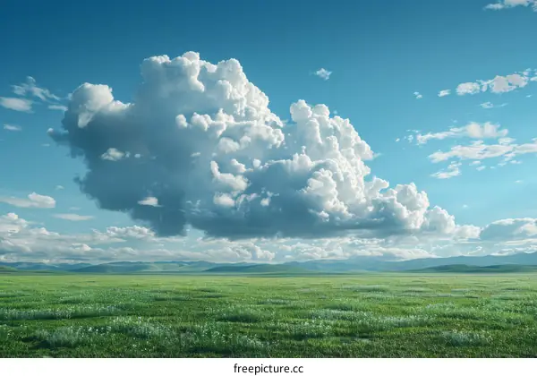 Large white clouds above a green grassy field