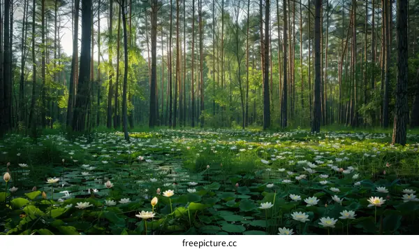Mystical morning in a dense pine forest with a pond full of lotuses