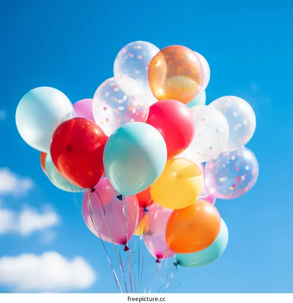 A bunch of colorful balloons floating in the blue sky