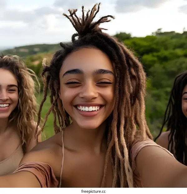 Three Happy Women Friends Taking Selfie Outdoors