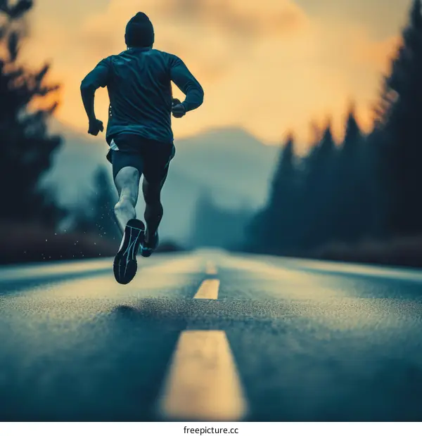 Man running on a rural road at sunset