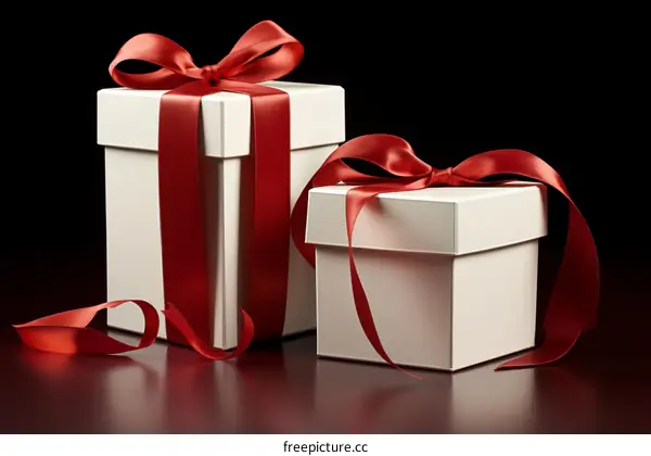 Two white gift boxes with red ribbons on a dark red background