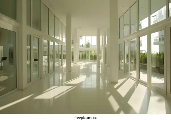 Modern White Hallway with Glass Walls and Sunbeams