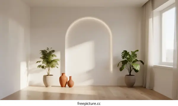 Bright and minimalist interior space with arched wall and plants