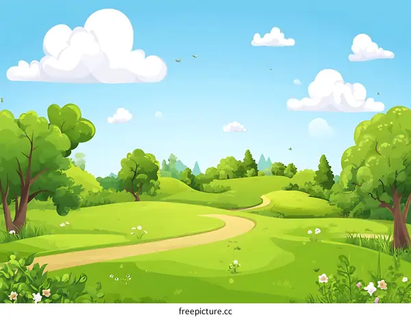 Cartoon Illustration of a Spring Landscape with Winding Road