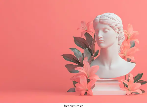 White Marble Bust with Pink Flowers on Coral Background
