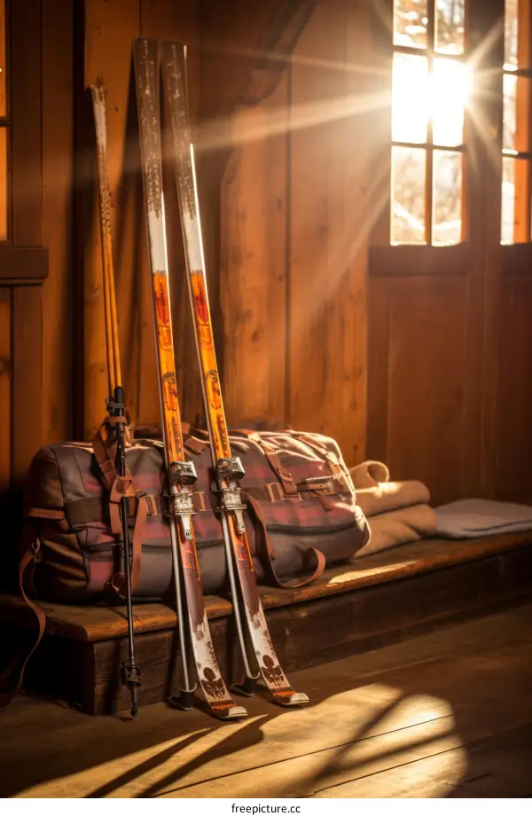 Vintage wooden skis and ski poles with a retro ski bag in a wooden house with sunlight streaming through the window