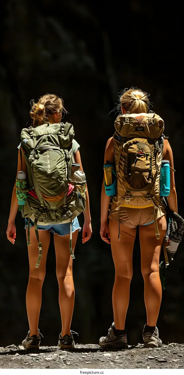 Two female hikers with backpacks facing away from the camera