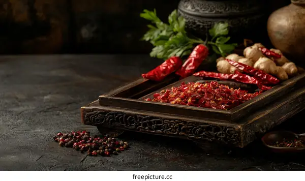 Dried Red Chili and Spices on Wooden Tray