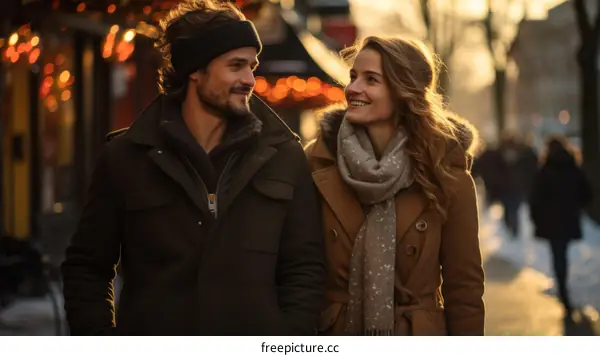 A young couple is walking down a snowy street.