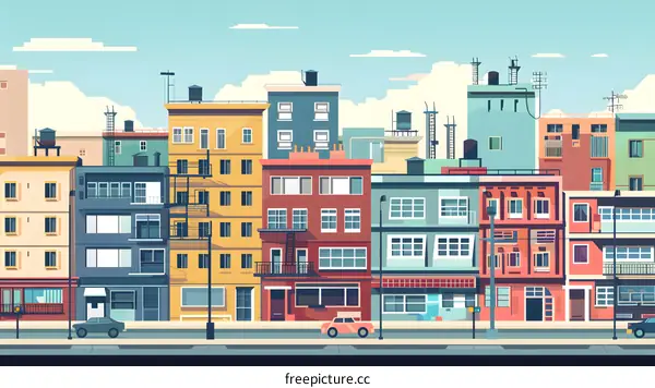 Cityscape Illustration with Colorful Buildings and Cars