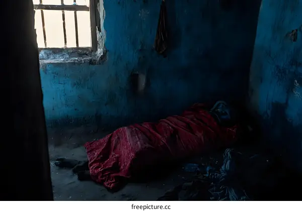 A Person Wrapped In A Blanket Sleeping In A Small Room