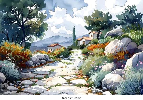 Watercolor Painting of a Stone Path Leading to Houses in a Mountainous Landscape