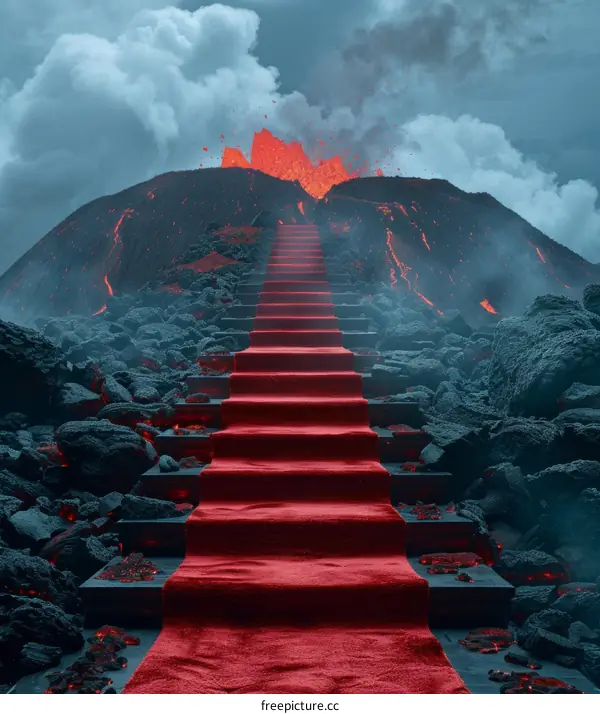 A red carpet leading up to a volcano