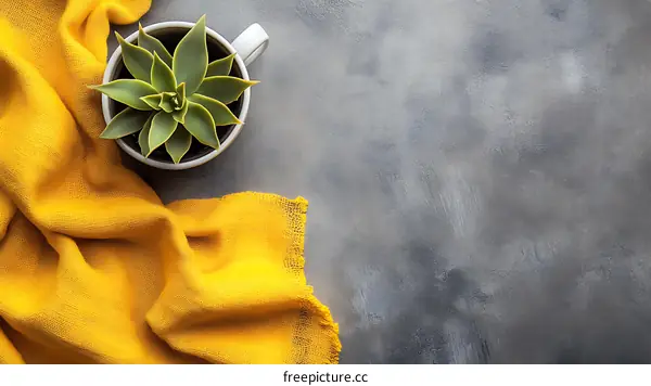 Yellow Fabric with Green Succulent in White Pot on Gray Background
