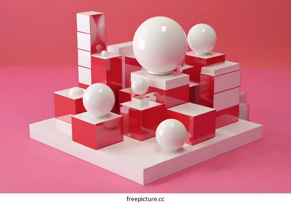 Abstract Red and White 3D Geometric Shapes