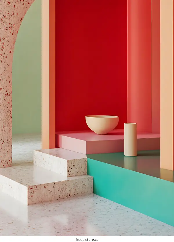 Abstract 3D Render of Minimalist Geometric Shapes with Different Colors