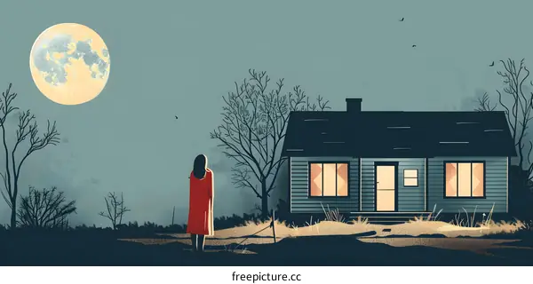 girl in red cloak looking at house with bright moon