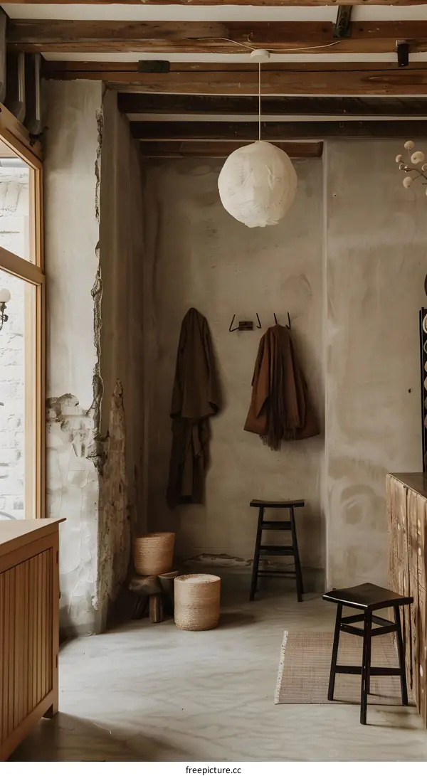 Minimalist Interior Design with Wooden Beams and Rustic Elements